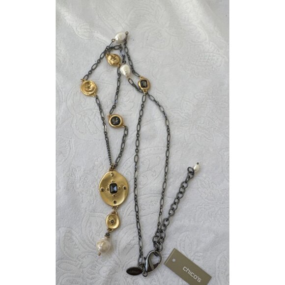 Chicos Blue Silver Gold Tone 18.5" Long Reversible Chain Statement Necklace NEW - Picture 7 of 14